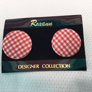 Gingham Button Earrings. Red & White Fabric Covered Button Stud Earrings